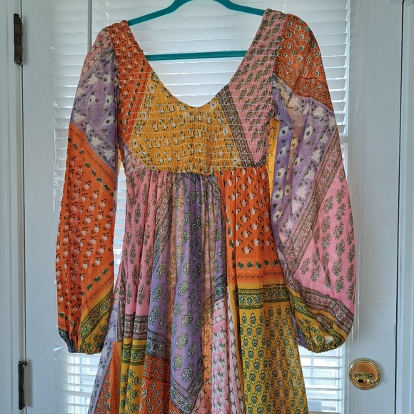 RARE VINTAGE PATCHWORK BANDANA PRINT MAXI DRESS 1970's BOHO HIPPIE SIZE XS / S - Picture 4 of 8